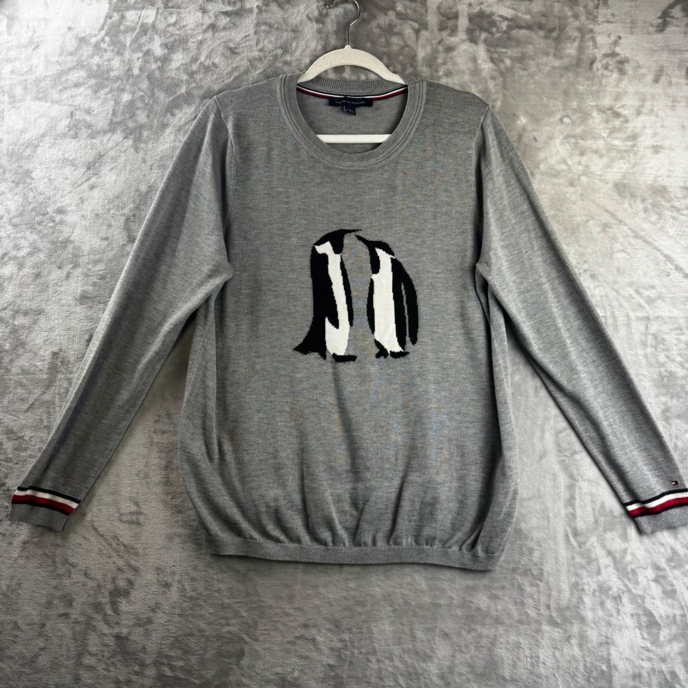 Tommy Hilfiger Penguin Sweater Womens XL Gray Crewneck Knit Pullover (1883)